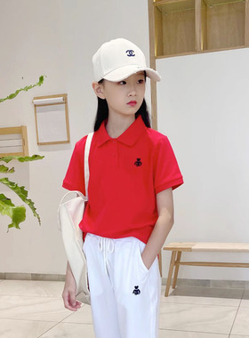 红色女童polo衫短袖t恤好棉儿童休闲运动套装半袖上下两件套透气T