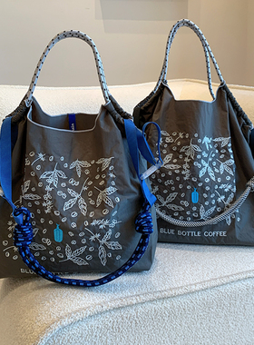 ballchain蓝瓶子刺绣购物袋尼龙时尚帆布包环保手提单肩斜挎包女