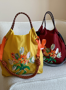日系ballchain郁金香刺绣购物袋新款大容量时尚帆布包单肩斜挎包