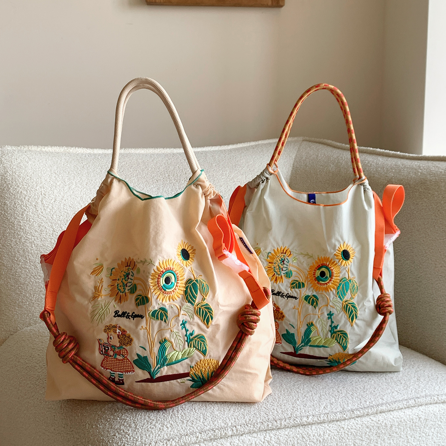 向日葵女孩刺绣购物袋ballchain