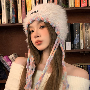 帽子女秋冬韩版 混色针织帽毛绒绑带毛线帽保暖百搭护耳帽 2023新款