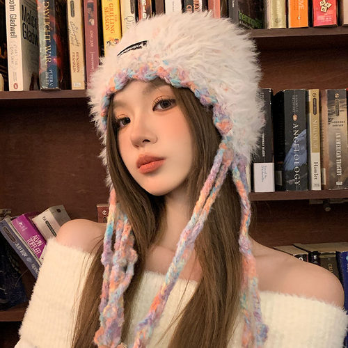 帽子女秋冬毛绒绑带毛线帽