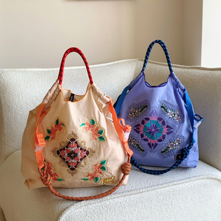 日系ball chain刺绣芙蓉花环保购物袋百搭大容量通勤单肩斜挎包女