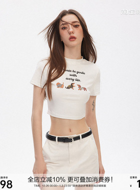 SEGI 原创设计新款小狗印花短袖女正肩修身短款T恤白色辣妹上衣