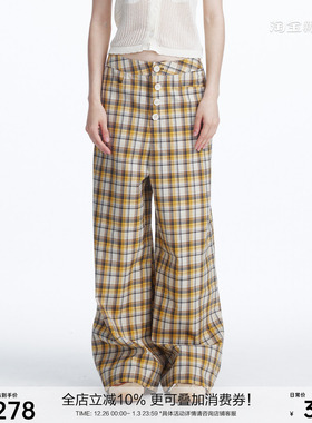 SEGI 原创设计夏季新款黄色格纹蕾丝贴布休闲裤女宽松慵懒直筒裤