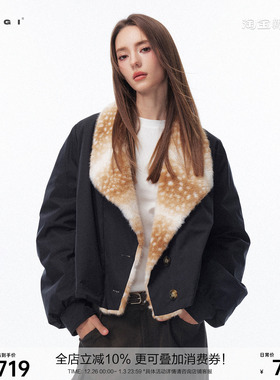 SEGI 原创设计新款小鹿纹环保皮草纽扣V领黑色90白鸭羽绒服外套