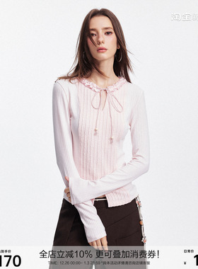 SEGI 原创设计秋季新款镂空提花拼接小V领绑带打底长袖针织衫女