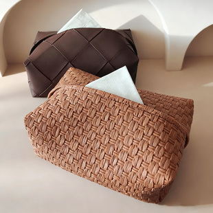 金金兔藤编纸巾盒高级感皮革中古风家用客厅轻奢茶几桌面抽纸盒