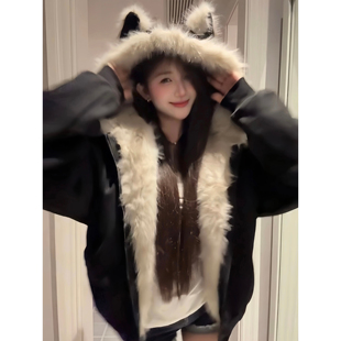 鹿皮绒派克服短款羽绒棉服仿兔毛大毛领连帽棉衣外套美式复古