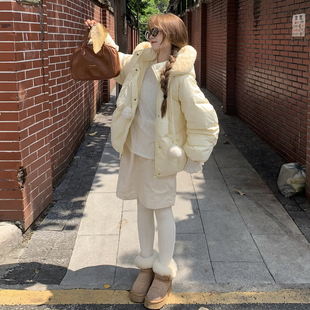 实拍奶fufu羊羔毛拼接羽绒棉服女短款2025冬新款韩版加厚外套