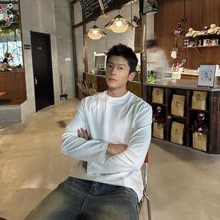马克斯星球 白色T恤长袖打底衫男秋季新款韩系简约高质感宽松休闲