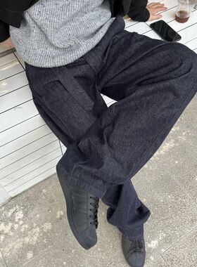 马克斯星球 潮流休闲牛仔裤秋季男新款复古宽松直筒藏蓝色长裤