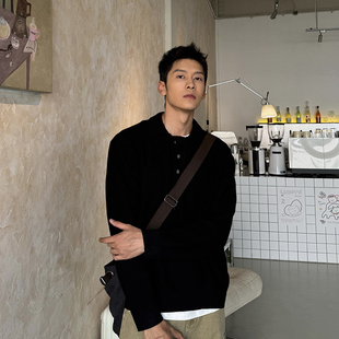 马克斯星球 厚款polo亨利领翻领黑色毛衣男秋冬新款韩版宽松休闲