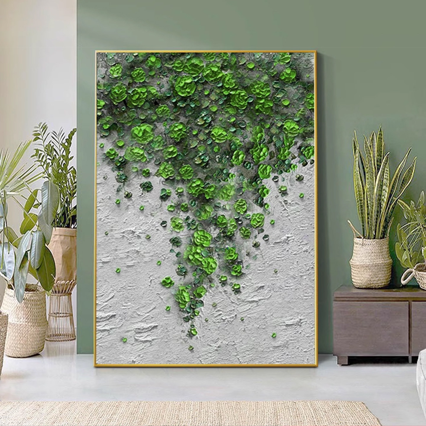 手绘油画客厅高级感立体砂岩肌理挂画轻奢绿色蔷薇花卉玄关装饰画