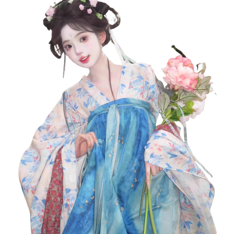 2025新款汉服女齐胸大袖襦裙春夏款国风超火浅蓝色花色小唐风COS