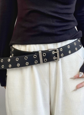 BM朋克风腰带双排鸡眼辣妹黑色全孔皮带免打孔轻亚风y2k深蓝商店