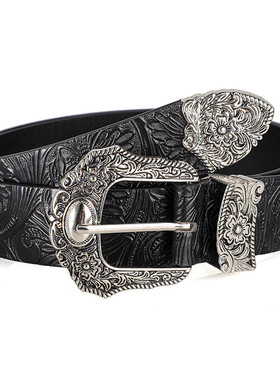 黑色枪古扣花纹腰带复古大码皮带街头风潮男士女款配牛仔裤古着