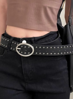 黑色铆钉腰带女环形休闲百搭复古装饰设计感时尚美式显瘦unclecm