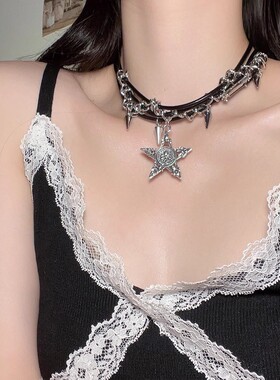 原创设计五角星皮绳拼接锁骨链choker颈链朋克辣妹小众设计感项链