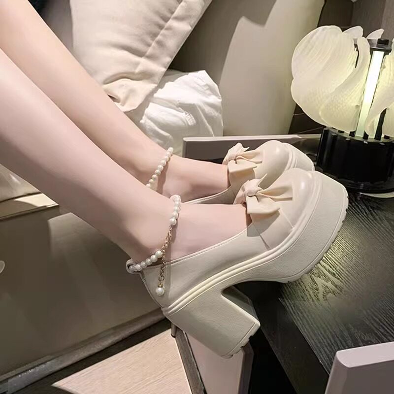 SHOEBOX气质小皮鞋2025女珍珠玛丽珍婚鞋高跟一脚蹬浅口乐福单鞋