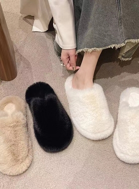 SHOEBOX厚底毛毛包头半拖2025女外穿软底防滑居家百搭平底棉拖鞋