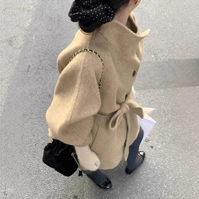 2025秋冬中长款双面羊毛大衣小个子韩系休闲气质立领毛呢子外套