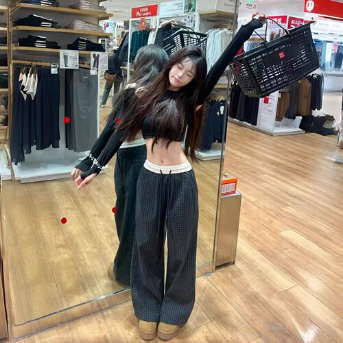 Hope88美式复古格子裤女宽松直筒慵懒卫裤阔腿运动休闲裤子情侣
