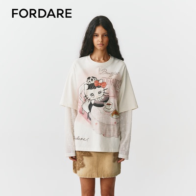 FORDARE/福蝶26早秋涂鸦感餐桌小猫印花T恤