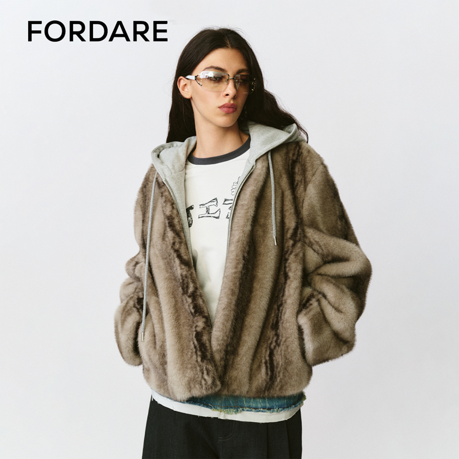 FORDARE/福蝶25秋冬假两件拼接针织连帽环保皮草