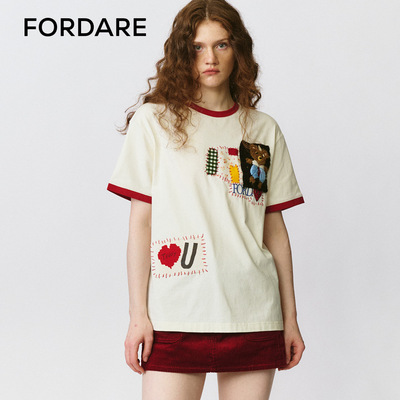 FORDARE/福蝶25早秋复古感碎花拼布小熊撞色T恤