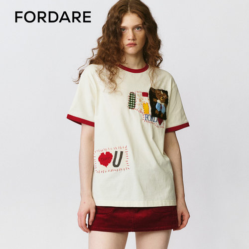 FORDARE/福蝶25早秋复古感碎花拼布小熊撞色T恤