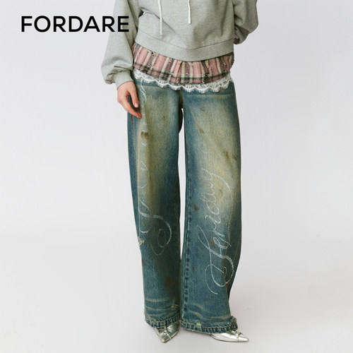 FORDARE/福蝶25秋冬烫钻做旧弯刀裤
