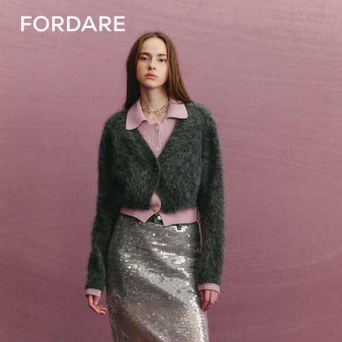 假两件毛开衫FORDARE粉灰撞色