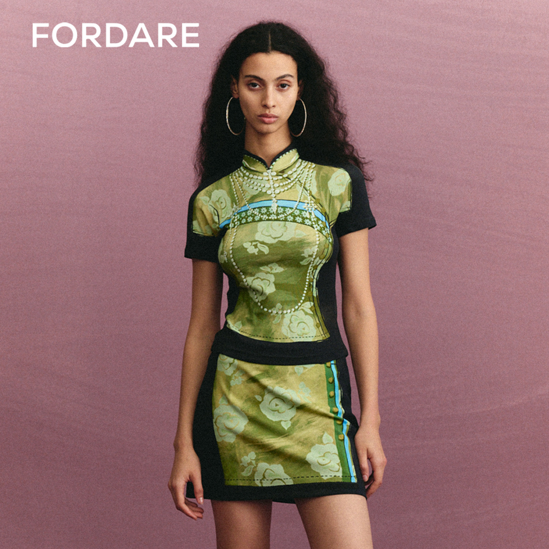FORDARE/福蝶24秋冬趣味手绘感旗袍上衣&针织短裙