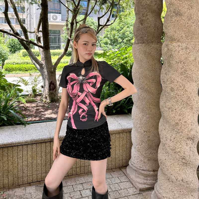 FORDARE/福蝶24秋冬蝴蝶结丝带旗袍领针织上衣