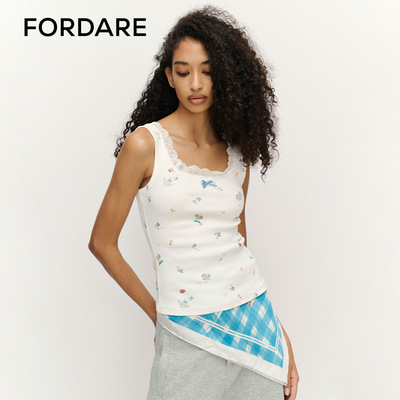 FORDARE/福蝶25春夏油画小狗碎花蕾丝背心女士趣味印花吊带