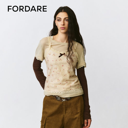 FORDARE/福蝶25早秋碎花吊带背心假两件套头长袖T