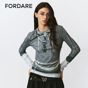 FORDARE/福蝶25秋冬趣味假两件3D印花珍珠配饰打底衫
