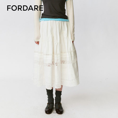 FORDARE/福蝶25早秋复古感塔克镂空花边拼接中长裙