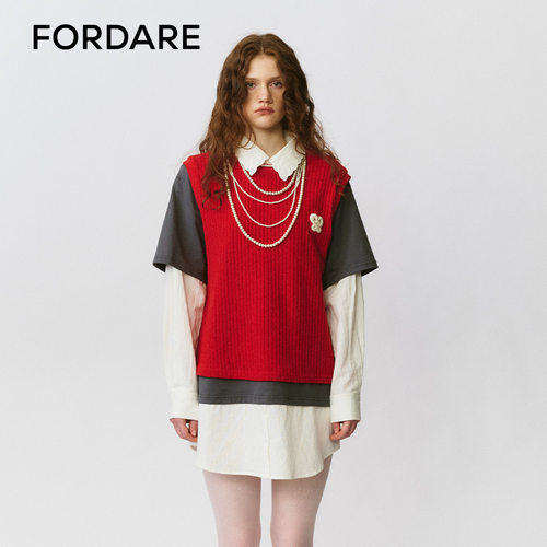 FORDARE/福蝶25早秋毛织背心假两件衬衣连衣裙