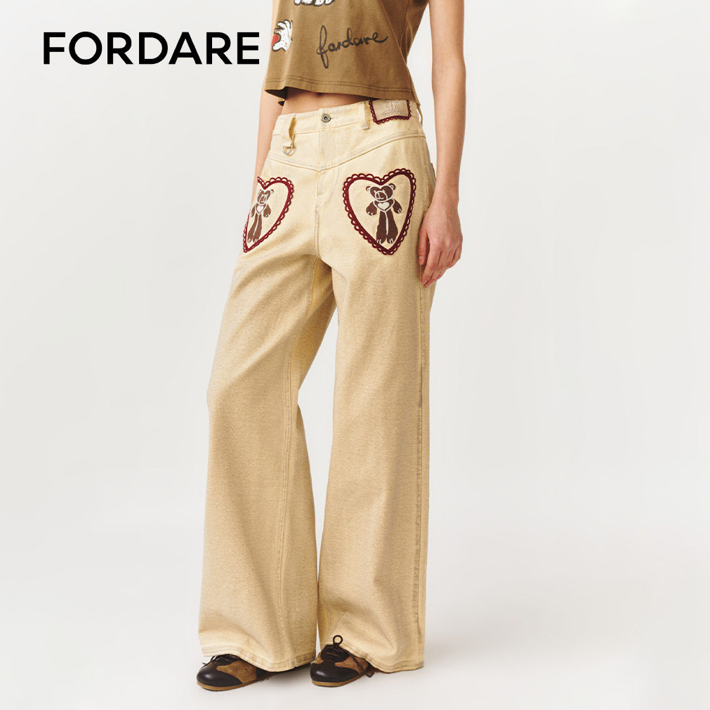 FORDARE/福蝶26早春卡其色小熊绣花口袋牛仔裤,女装/女士精品,牛仔裤,淘宝优惠券,粉丝福利购,淘宝优惠卷