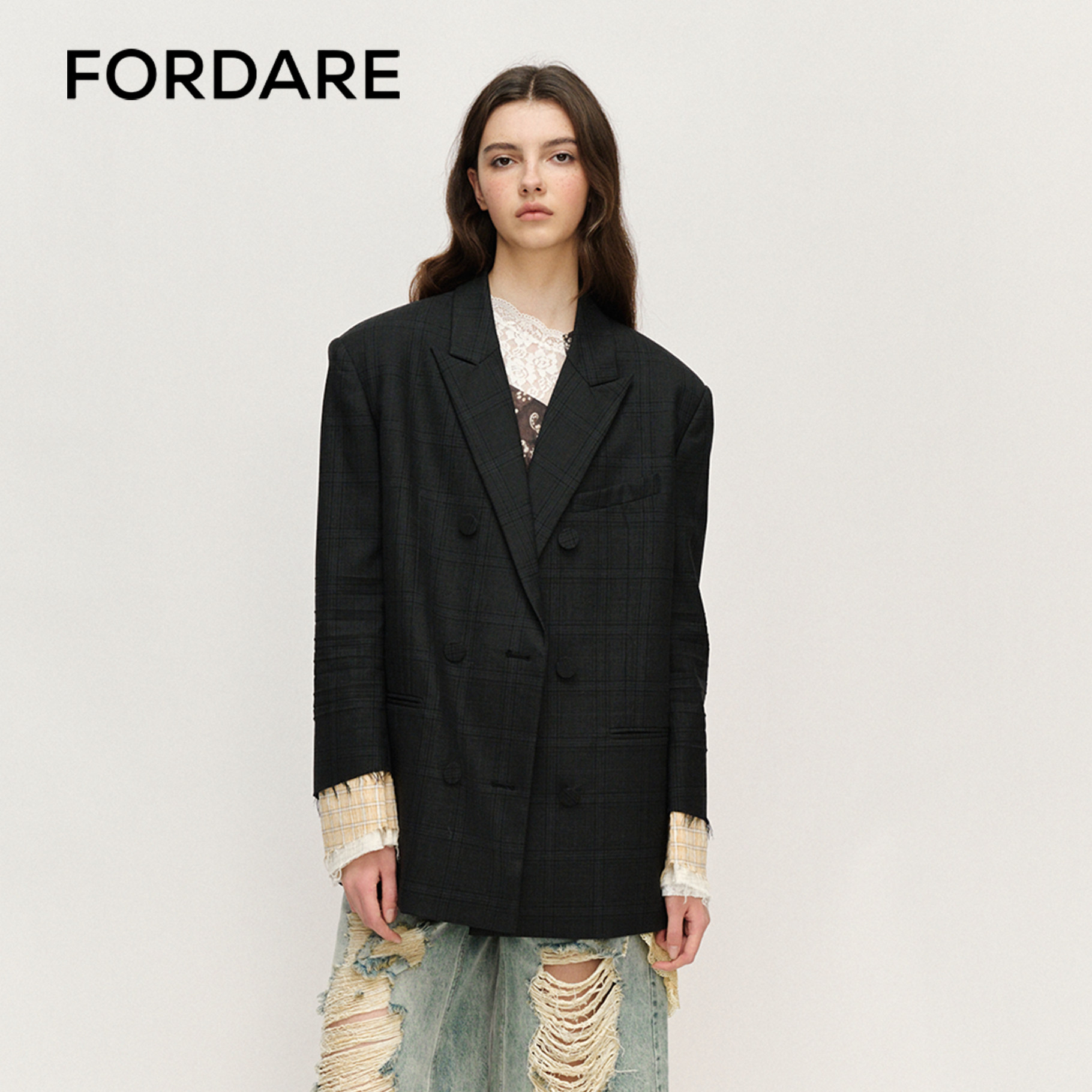 FORDARE打褶宽肩撞色西装