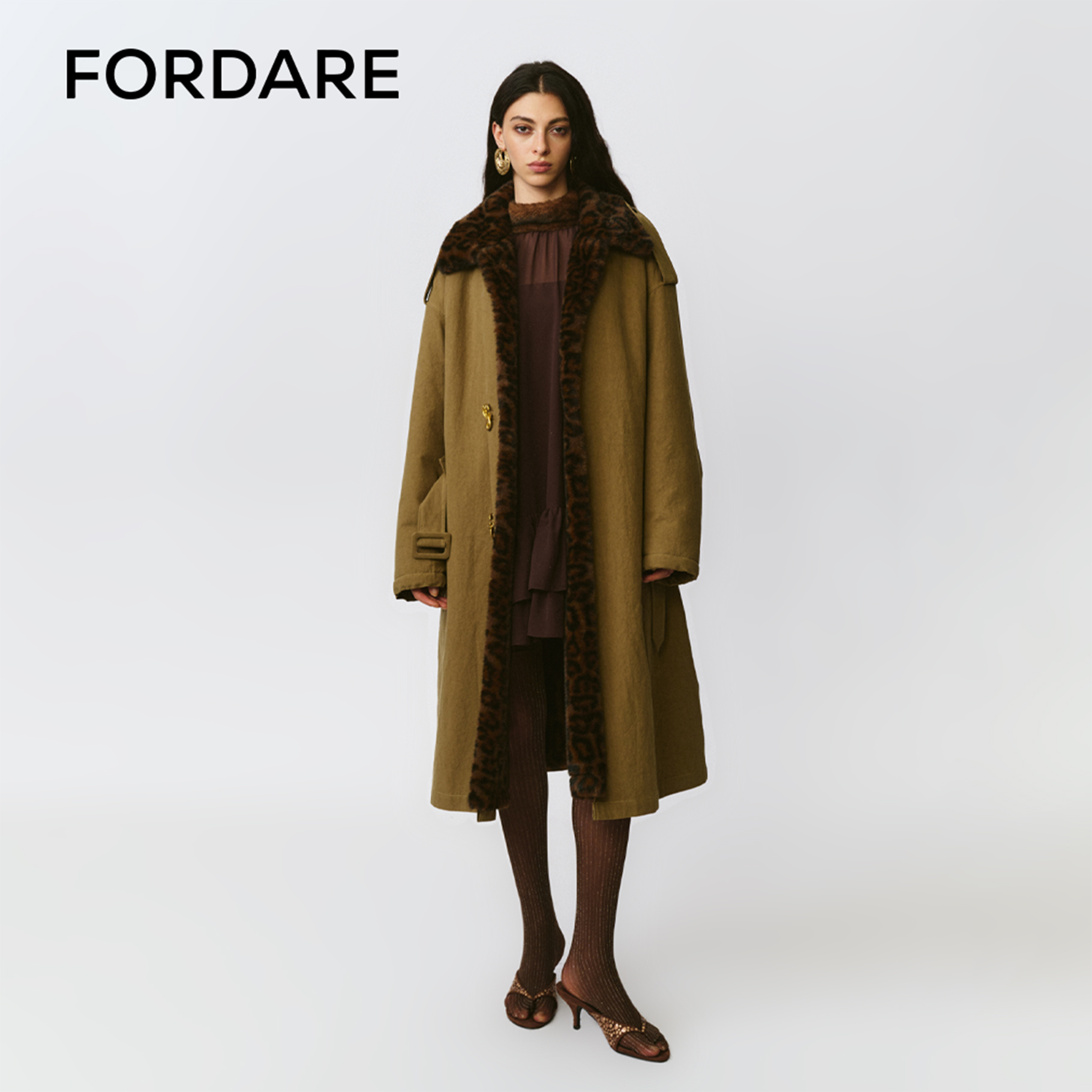 FORDARE/福蝶25秋冬正反两穿豹纹环保皮草大衣