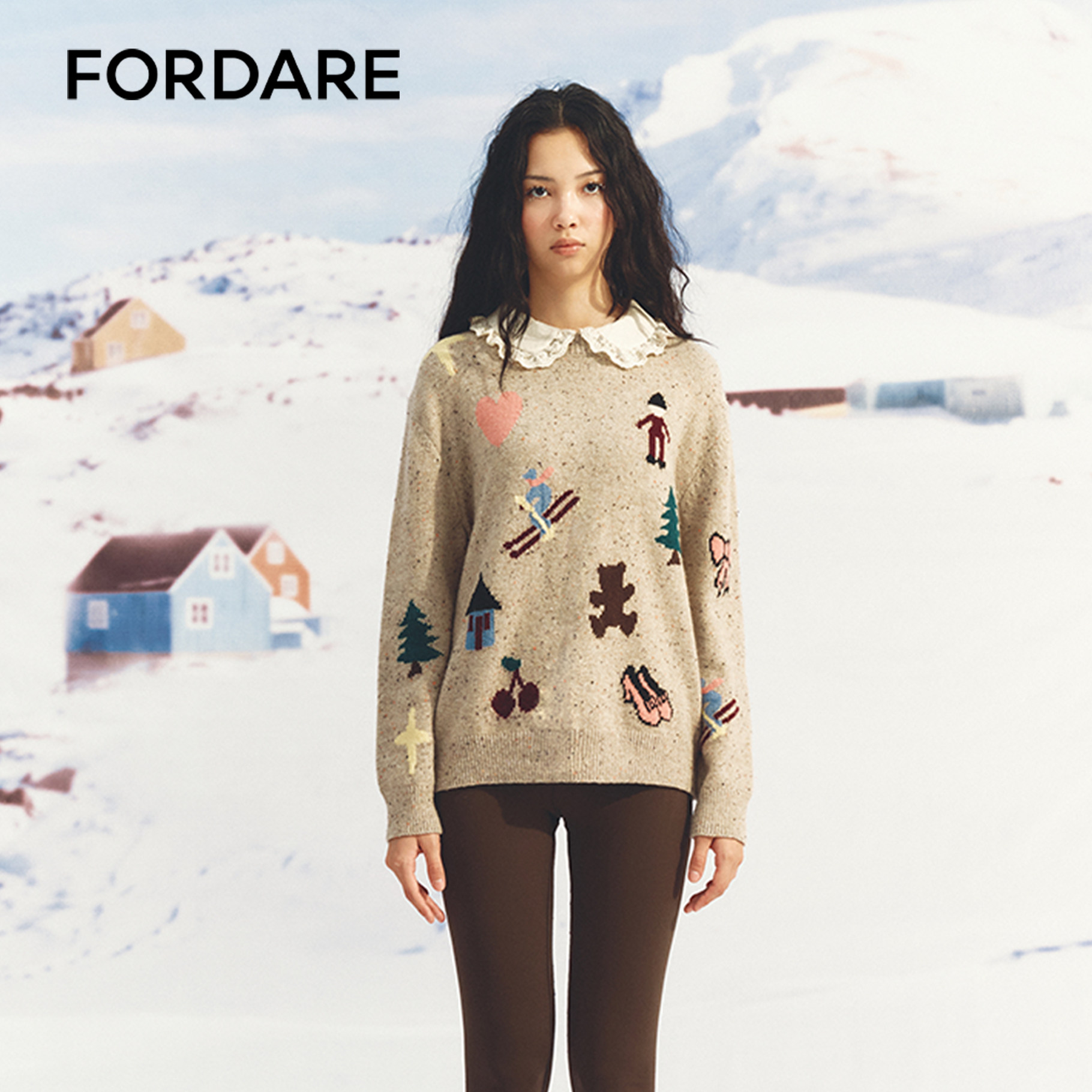 FORDARE/福蝶26秋冬趣味冬日图案可脱卸小领子圆领毛衫