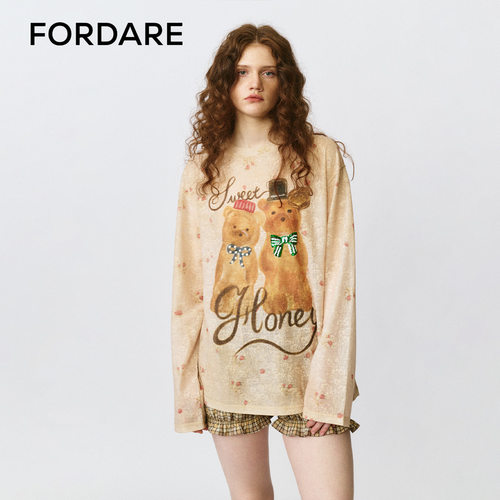 FORDARE/福蝶25早秋蜂蜜小熊碎花长袖T恤