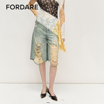 FORDARE大破洞复古牛仔中裤