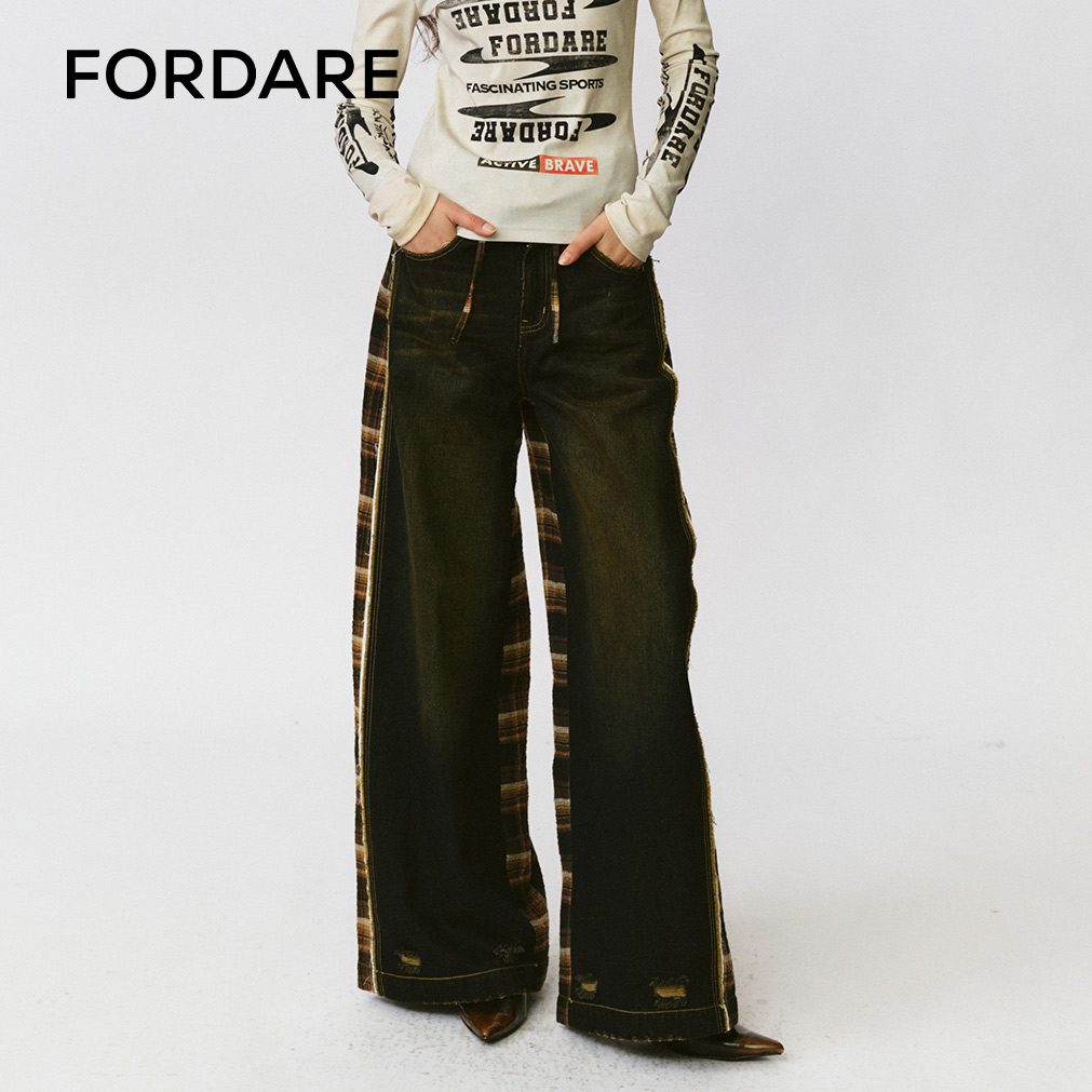 FORDARE/福蝶25早秋解构拼接格纹牛仔长裤