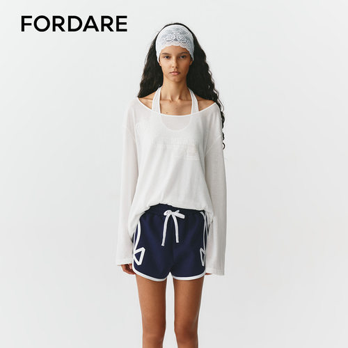 FORDARE/福蝶26春夏蕾丝贴布绣花一字肩T恤背心两件套