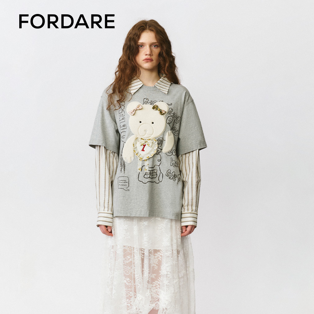 FORDARE/福蝶25秋冬假两件打电话小熊涂鸦感贴布T