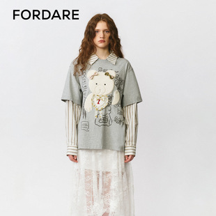 FORDARE 福蝶25秋冬假两件打电话小熊涂鸦感贴布T